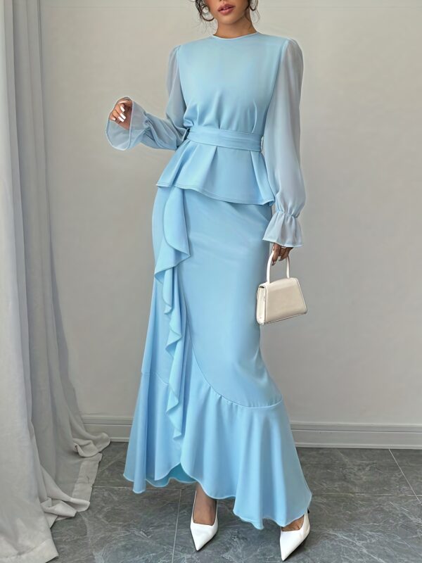 Women'S Elegant Two-Piece Solid Color Outfit - a Chic Blue Midi Dress with Ruffle Detail And a Long Sleeve Blouse, Perfect for Spring/Summer, Commuting Attire|Ruffle Detail Top|Asymmetric Hemline, Dress - Image 5