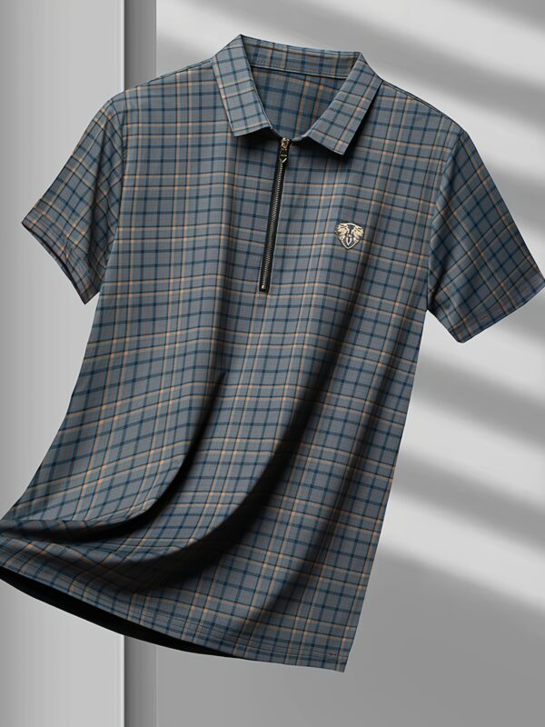Men's Summer Casual Shirt - Dual-Sided Digital Plaid Print, Stretch Fabric & Golden Zipper Accents, Breathable Short Sleeve H-Fit for Outdoor Activities - Image 9