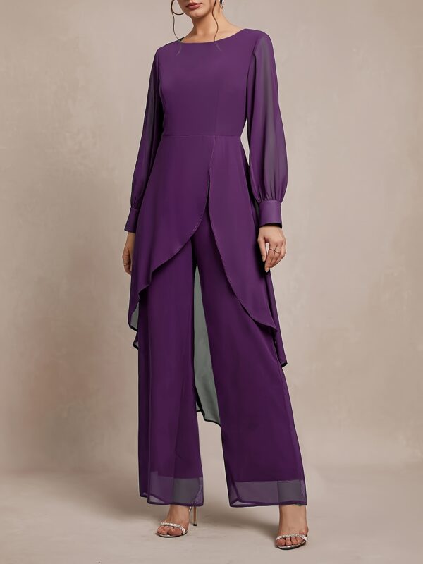 Women'S Elegant Two-Piece Set: Stylish Purple Off-Shoulder Blouse with Flowing Sleeves, Wide-Leg Pants, and Chic Accessories - Perfect for Fall, Versatile Fall Outfit|Elegant Two-Piece Set|Polyester Fabric - Image 13