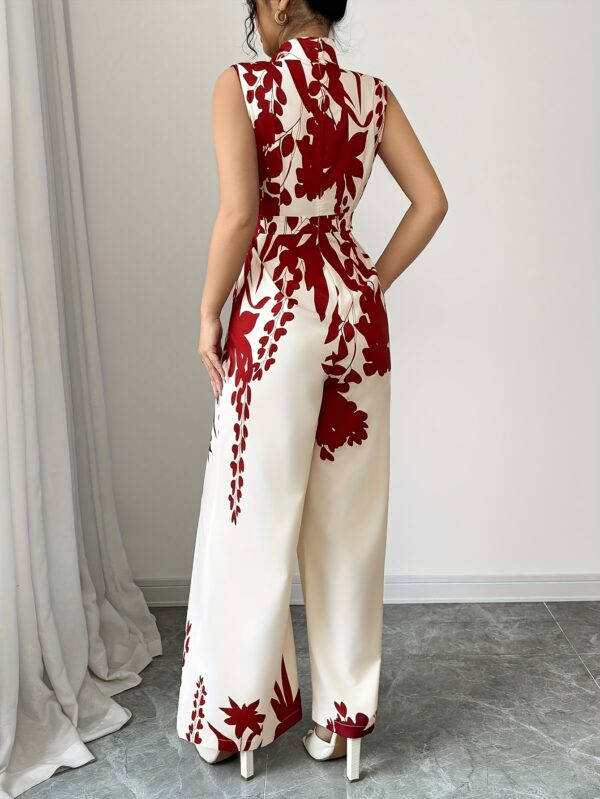 Women'S Elegant Floral Print Jumpsuit - High Neck, Sleeveless, Wide-Leg, Polyester, All-Season, Stylish Red and White Design, Elegant Attire|Floral Print Jumpsuit|Polyester Fabric - Image 2