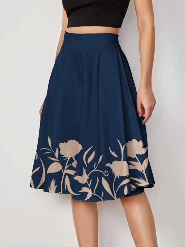 Women'S Elegant Floral Print A-Line Skirt - High-Waisted, Flowy Design with White Flowers on Dark Blue, Perfect for Vacation or Casual Outings, Casual Outing Attire | Floral Print Skirt | Polyester Fabric - Image 3