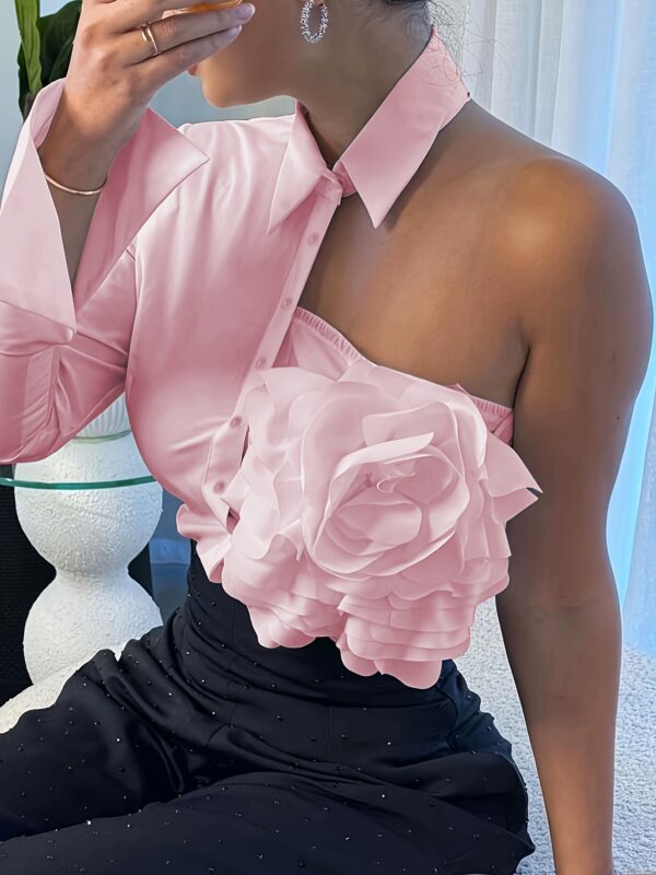 Elegant Women's Blouse with Ruffled Neckline & 3/4 Sleeves - Lightweight Pink Solid Color Shirt for Spring/Summer, Hand Wash Only, Non-Stretch Fabric, Versatile Casual to Formal Wear, Spring Fashion Top, Offshoulder Styling