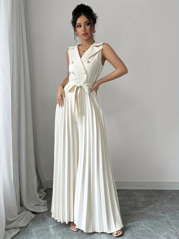 Women's Elegant Double-Breasted Pleated Jumpsuit - Sleeveless, Tie-Waist, V-Neck, Semi-Sheer Polyester - Beige, All-Season, Machine Washable, Versatile Clothing | Tiewaist Fashion | Sophisticated Look - Image 5
