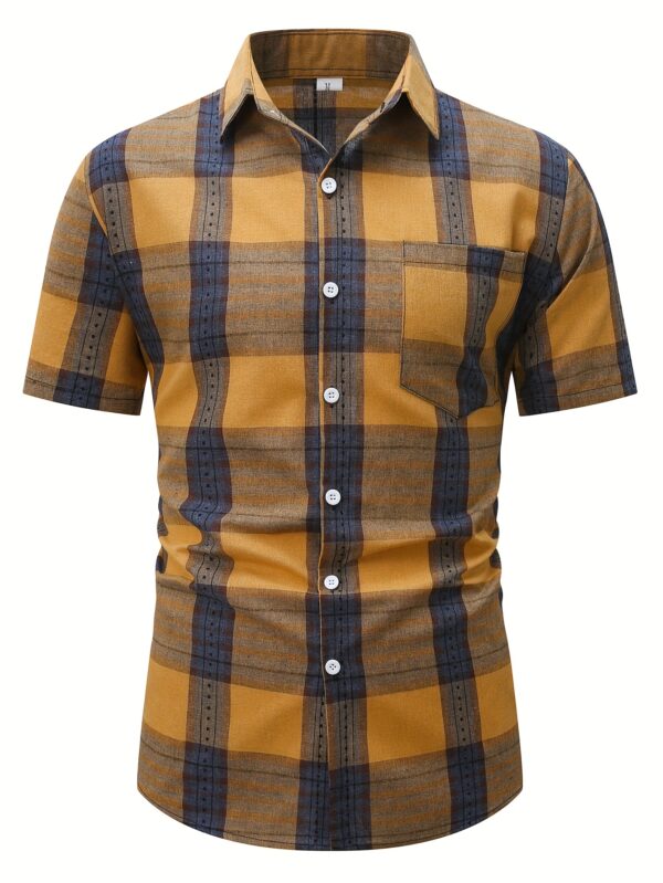 Men's Casual Plaid Short Sleeve Button-Up Shirt - Stylish Summer Wear with Chest Pocket, Yellow & Black Checkered Design, Lightweight Non-Stretch Fabric, Perfect for Everyday Use, Short Sleeve Tops, PLUS SIZE - Image 2