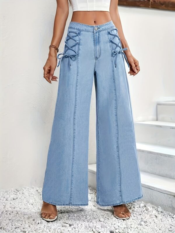 Stretch Front Tie Wide-Leg Jeans - A Vintage and Fashionable Pair of Pants with Elastic Fabric, High-Waisted Flared Cut and Front Tie Design for Shaping Legs and Adding Detailing, Perfect Blend of Retro and Modernity, 3% Spandex for a Denim Feel with Stretch - Image 6