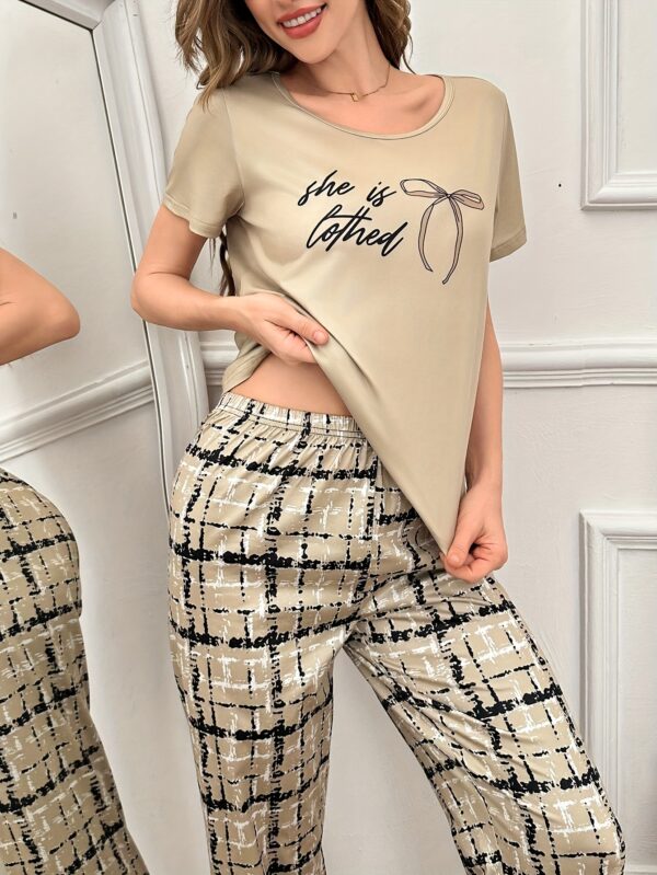 Women'S Casual Bow Print Round Neck Short Sleeve Pajama and Plaid Long Pants Pajama Set
