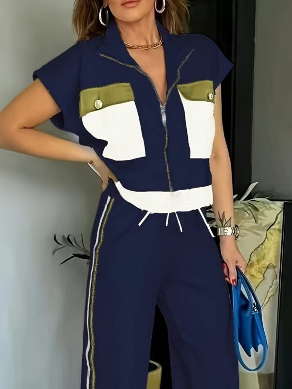 Casual Zippered Short Sleeve Round Neck Women's Two-Piece Set - Image 8