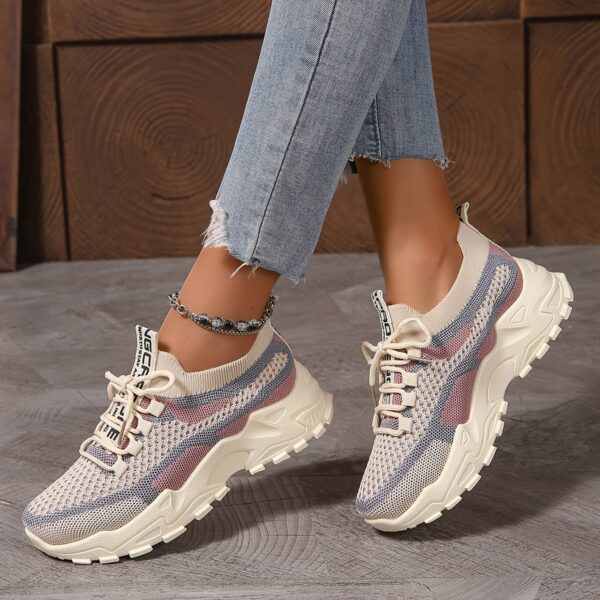 Women's Fashion Breathable Mesh Sneakers - Comfortable Low-Top Casual Lace-Up, Thick Sole Sneakers in Black/White, Beige/Grey, and Blue/Pink, Geometric Pattern, All-Season Wear - Image 8