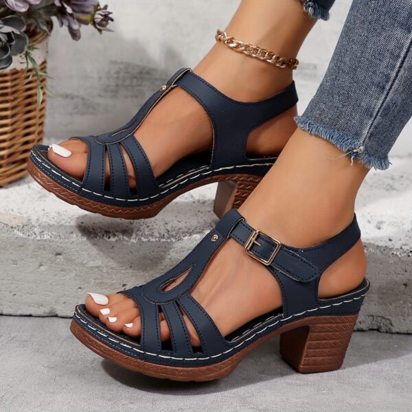 Women's Solid Color Stylish Sandals, Summer T-Strap High Heels, Casual One-Strap Non-Slip Chunky Heels - Image 31