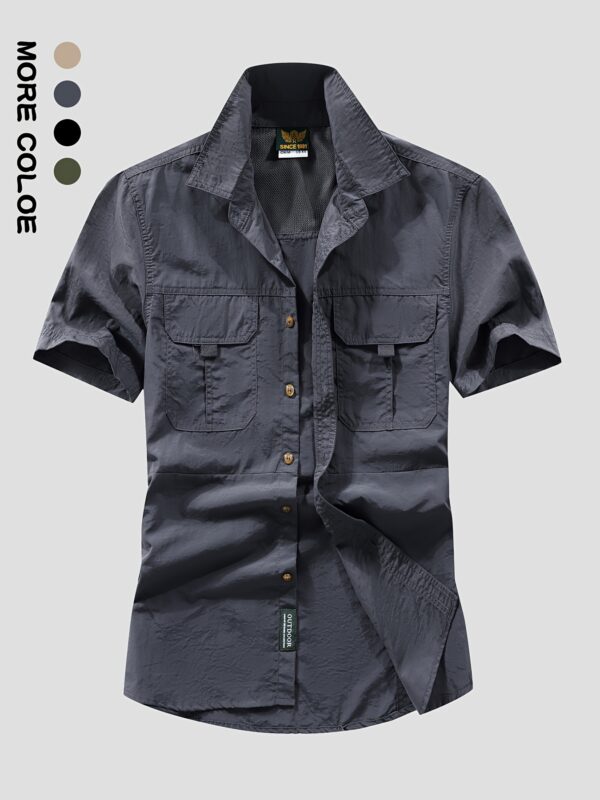 Men's Summer Lightweight Quick-Dry Short Sleeve Shirt - Breathable Workwear Style with Large Pockets, Olive Green, Regular Fit for Outdoor Leisure & Casual Wear, Functional Pocket Design | Classic Buttonup Placket | Machine Washable Clothing, Cute Shirts for Summer - Image 4