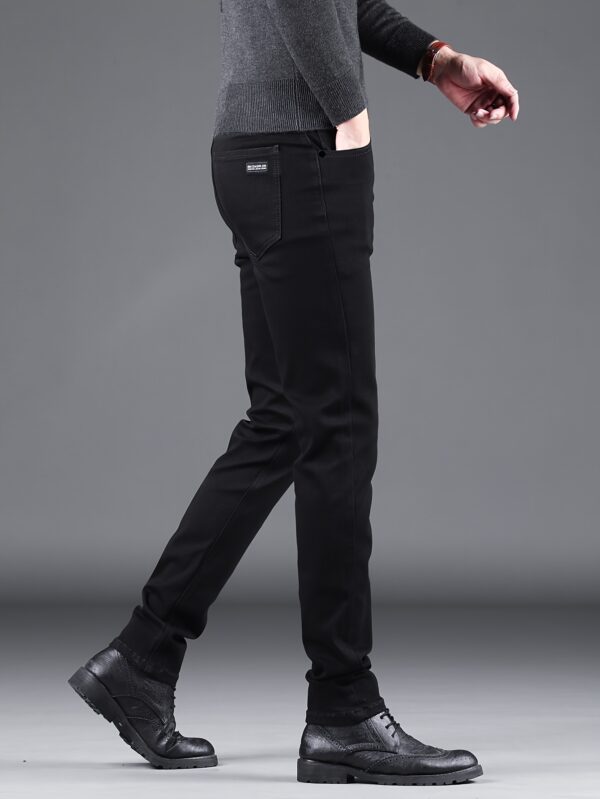 1pc Men'S Basic Black Jeans, Cotton Blend, 65% Cotton 35% Polyester, Slight Stretch, Solid Color, Regular Fit, All-Season, Woven Fabric, Raw Wash Detail, Regular Length - Ideal for Adults - Image 4
