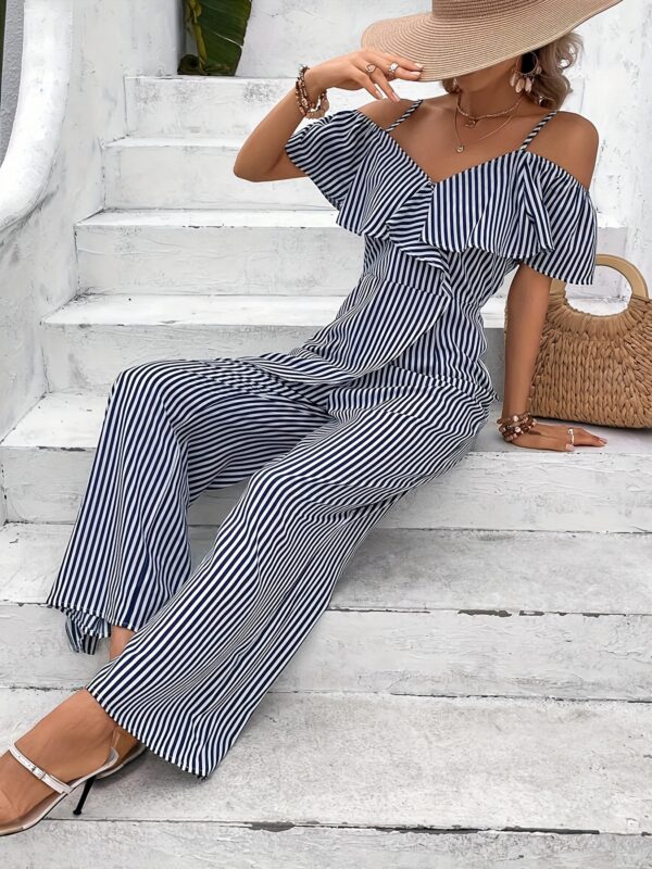 Striped Spaghetti Strap Jumpsuit, Vacation Style Ruffle Trim Straight Leg Jumpsuit For Spring & Summer, Women's Clothing - Image 5