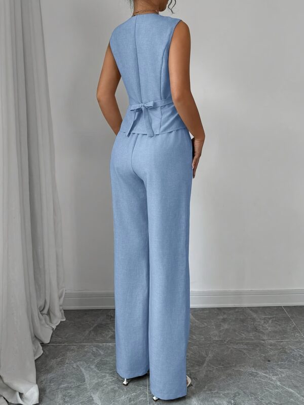 Women'S Elegant Sleeveless V-Neck Waist Tie Front Vest and Straight Leg Pants Set - Solid Color, High-Waisted Wide-Leg Pants with Button Details, Perfect for Spring/Summer Commute or Casual Outings, Versatile Fashion | Sleek Modern Look | Button Detailing - Image 15