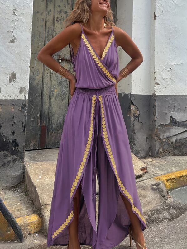 Women's Elegant V-Neck Sleeveless Jumpsuit with Golden-Tone Wide-Leg Pants - Lightweight Summer Machine-Washable Romper, Solid Color Versatile for Casual & Formal Occasions, Formal Wear, Nontransparent Fabric, Office Outfit, Breathable Material, Adult Clothing - Image 3