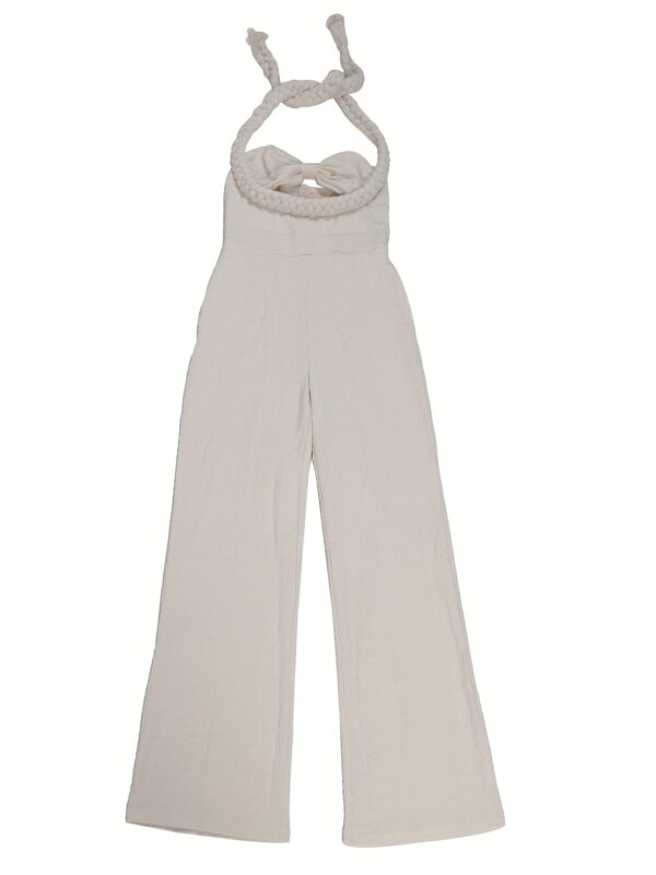 Elegant White Sleeveless Jumpsuit with Halter Neck and High-Waisted Design - Chic Polyester, Straight Leg, Loose Fit for Women, Perfect for Daily Wear and Holiday Parties, Stylish Outfit | Halter Neck Jumpsuit | Textur - Image 3