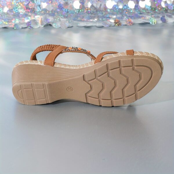 Bohemian Style Summer Women's Sandals, Classic Soft Sole Wedge Heel With Rhinestone Bead Embellishments, Vintage Vacation Shoes - Image 7