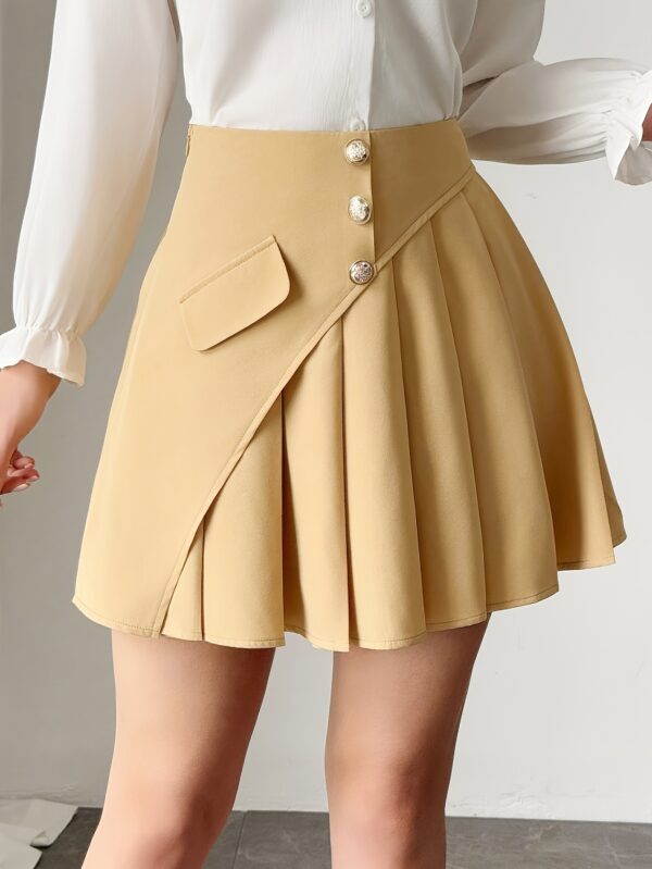 ELFNOKTO Women'S Chic Solid Color A-Line Skirt with Front Button Detail - Pleated Design, High-Waisted Office to Casual Wear, Versatile Skirt | Aline Silhouette | Elegant Texture, Ladies Skirt