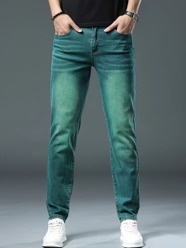 Men's Slim-Fit Stretch Denim Jeans - Versatile Green, All-Season Wear, Machine Washable, Basic Style, Cultivate The Body Version, Four Seasons - Image 2