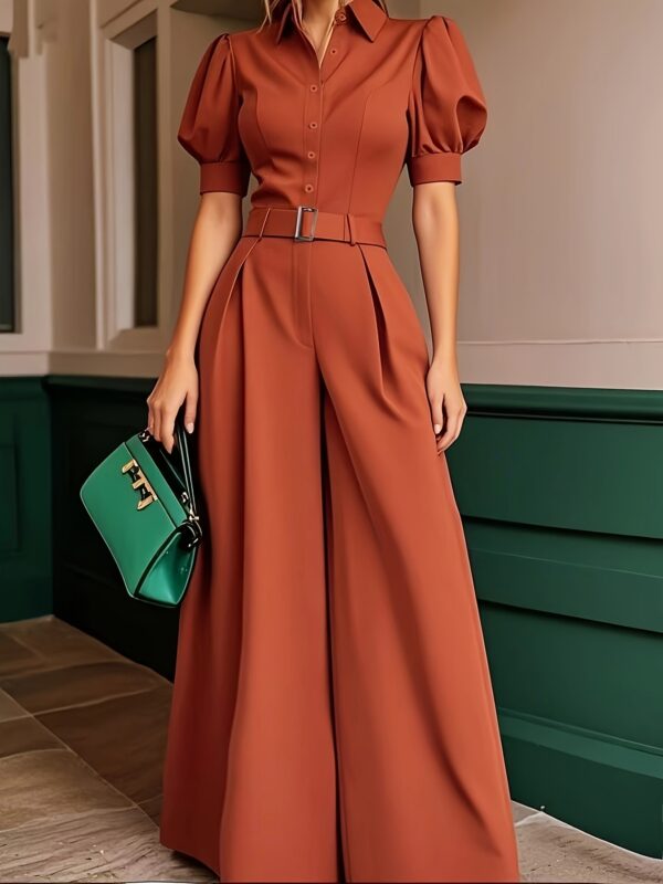 Women's Mint Green Collar Loose-Fit Jumpsuit - Summer Solid Color Machine-Washable Jumpsuit for Casual & Professional Outfits, Professional Attire | Wideleg Outfit | Nonstretch Fabric, Ladies Jumpsuits - Image 5
