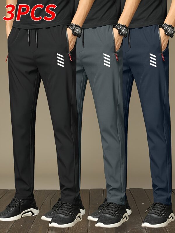 3pcs Men'S Fashion Casual Jogger Pants with Zipper Pockets, Featuring a Stylish Print Design, Made from Breathable And Lightweight Fabric Suitable for Summer Sports And Leisure Wear, a Perfect Gift Choice. Modern Athletic Wear with Practical Pocket Design, Suitable for All Seasons - Image 2