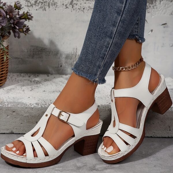 Women's Solid Color Stylish Sandals, Summer T-Strap High Heels, Casual One-Strap Non-Slip Chunky Heels - Image 36