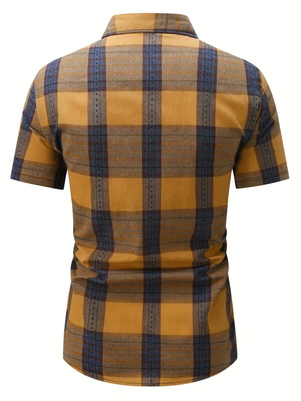 Men's Casual Plaid Short Sleeve Button-Up Shirt - Stylish Summer Wear with Chest Pocket, Yellow & Black Checkered Design, Lightweight Non-Stretch Fabric, Perfect for Everyday Use, Short Sleeve Tops, PLUS SIZE - Image 3