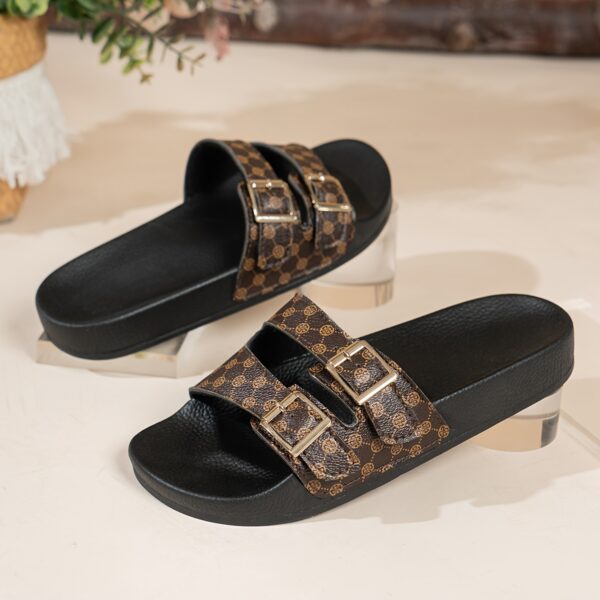 Adjustable Open-Toe Slippers with Double Straps - Comfortable EVA Material, Stylish Brown & Black Pattern, Perfect for Indoor/Outdoor Walking, Adjustable Slippers | Elegant Footwear | EVA Sole Slippers, House Slipper - Image 5