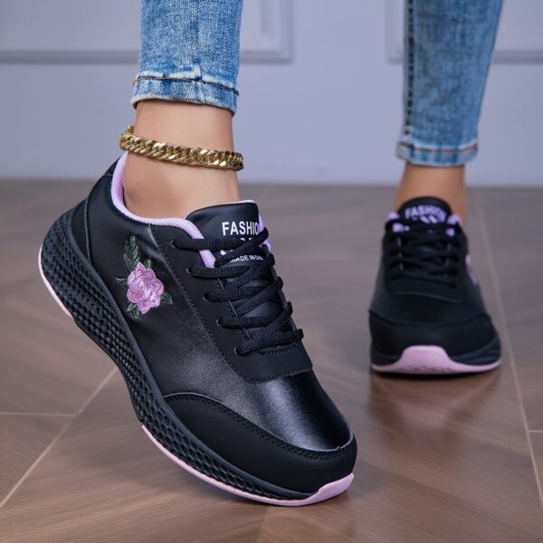 Women'S Black Sneakers with Pink Rose Embroidery - Lightweight, Soft Sole, Comfortable Lace-Up Low Top Sneakers, All-Season Outdoor Shoes, Stabilizing Support, Microfiber Leather Upper, EVA Sole, Fabric Lining, Allseason Sneakers | Rose Embroidery Sneakers | Comfortable Footwear - Image 4