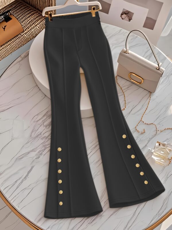 Women'S Casual Pants for Spring And Summer, Stylish And Slim-Fit, Featuring Buttoned Flared Long Trousers in Black. - Image 3