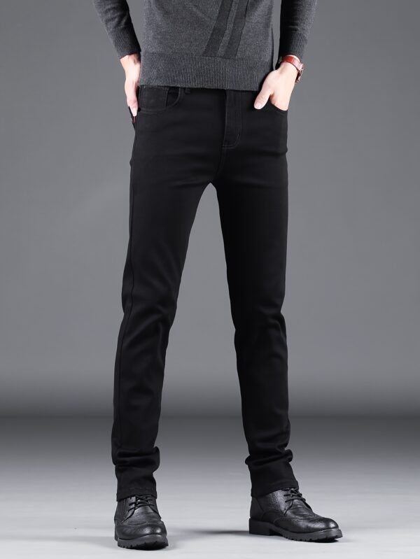 1pc Men'S Basic Black Jeans, Cotton Blend, 65% Cotton 35% Polyester, Slight Stretch, Solid Color, Regular Fit, All-Season, Woven Fabric, Raw Wash Detail, Regular Length - Ideal for Adults - Image 3