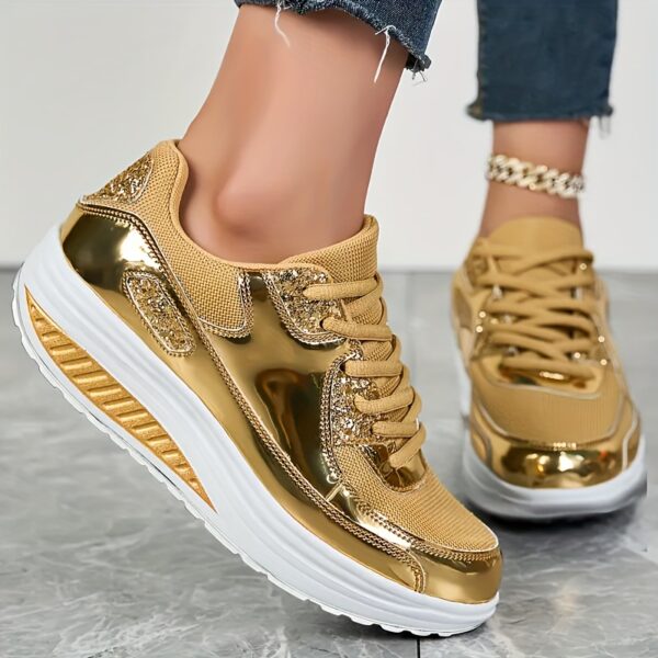 Stylish Women's Casual Sneakers with Golden Glitter Accents - Lightweight Synthetic Leather Platform Running Shoes for All Seasons, Comfortable Fabric Lining, Perfect for Casual Attire and Light Exercise - Image 4