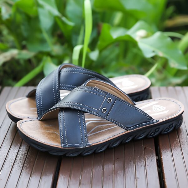 Plus Size Men's Open Toe Breathable Cross Straps Slippers, Comfy Non Slip Rubber Sole Top Grain Leather Upper Beach Water Shoes, Summer - Image 4