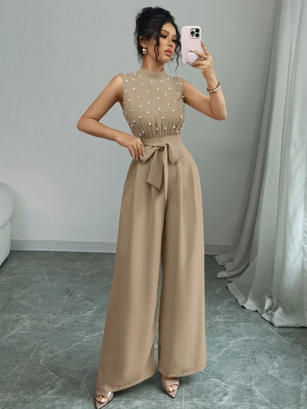 Women's Elegant Beaded Pearl Sleeveless Top & Wide-Leg Pants Jumpsuit - Stand Collar Beige All-Season Machine Washable Polyester for Concerts, Weddings, Daily Commute - Image 9