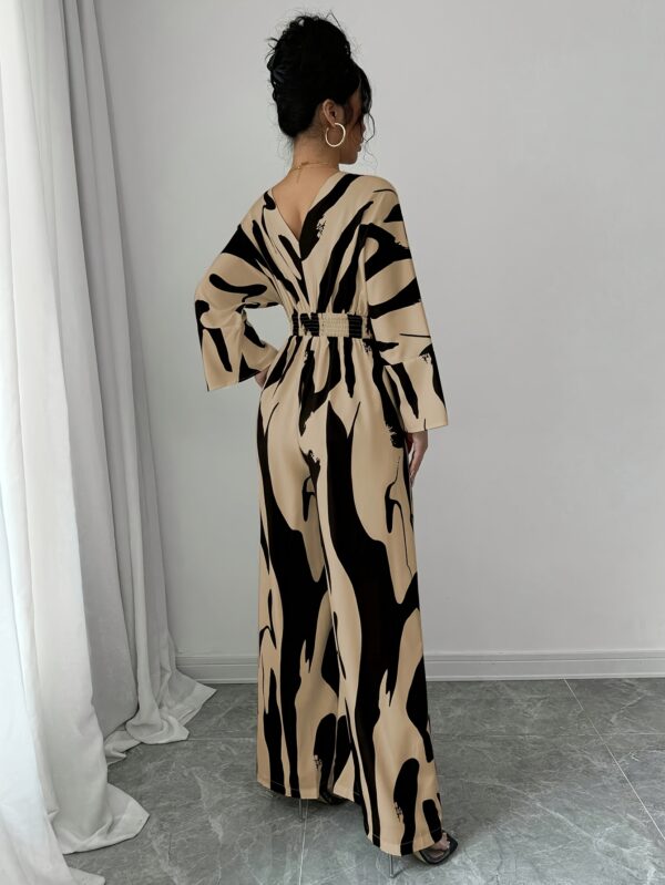 Women'S Elegant Black and White Abstract Print Jumpsuit - V-Neck, Long Sleeve, Wide Leg, Casual Party Wear for Spring/Summer, Casual Party Attire|Vneck Jumpsuit|Polyester Fabric - Image 3
