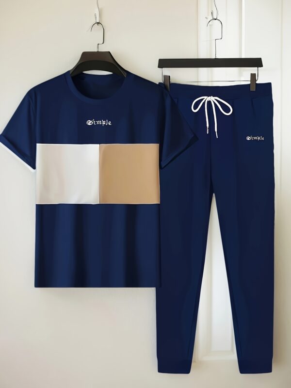 Men'S Casual Color-Blocked Short-Sleeve Round-Neck Loungewear Set with Long Pants - Image 5