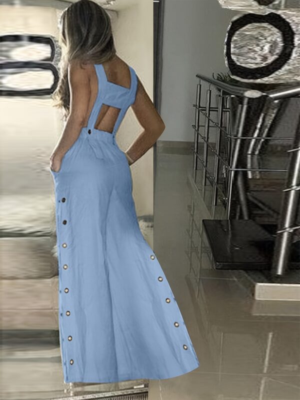 Women'S Light Blue Sleeveless Wide-Leg Jumpsuit with Side Pockets & Adjustable Straps - Casual Y2K Style, Button-Up Design, Perfect for Spring/Summer/Fall, Ladies Jumpsuits, Casual Attire, Side Pocket Jumpsuit, Comfortable Fit - Image 3