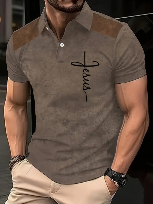 Men'S Casual Summer Short Sleeve Polo Shirt with Brown Shoulder Patchwork & Cross Print - Lightweight Breathable Fabric, Regular Fit, Button-Up Collar for Casual Attire, Stylish Casualwear, Sleek Buttoned Cuffs