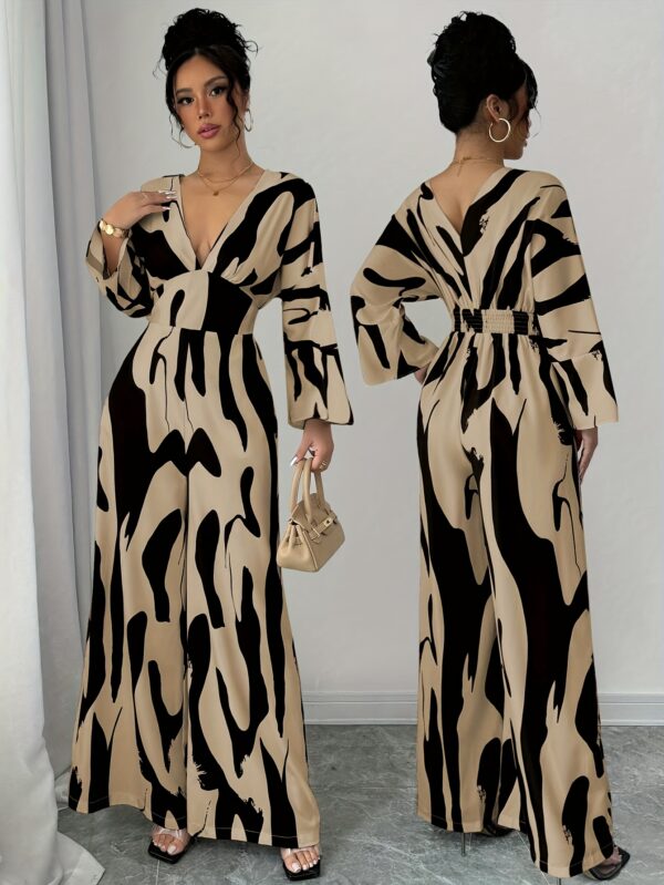 Women'S Elegant Black and White Abstract Print Jumpsuit - V-Neck, Long Sleeve, Wide Leg, Casual Party Wear for Spring/Summer, Casual Party Attire|Vneck Jumpsuit|Polyester Fabric