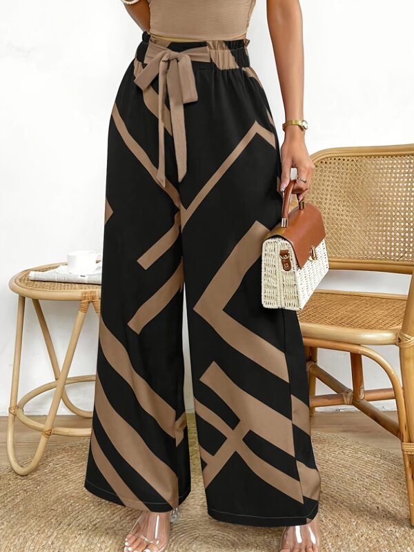 Women's Elegant Casual Geometric Print Wide-Leg Pants with Adjustable Tie Waist - Loose Fit Non-Stretch Machine Washable Trousers for Spring/Summer, Brown & Black Abstract Pattern, Summer Trousers, No Stretch Fabric