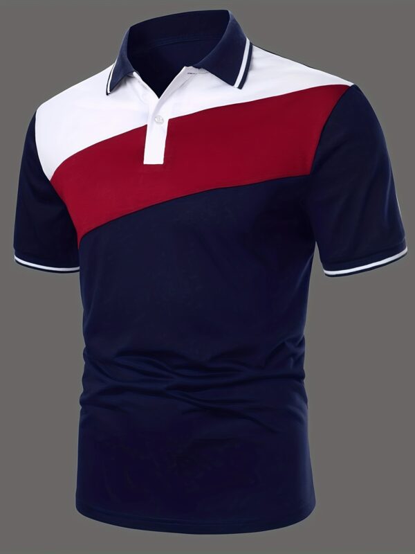 Casual Geometric Pattern Men's Color Block Short Sleeve Shirt, Stylish Male Shirt For Golf Sports, Gift For Men - Image 3