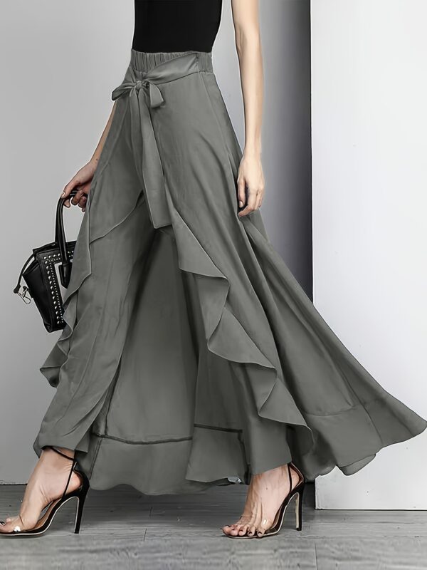Women'S Light Blue Ruffle Hem Maxi Pants - Casual Solid Color Straight Leg with Belt Detail, Flowy Design for All Seasons, Polyester Fabri - Image 28