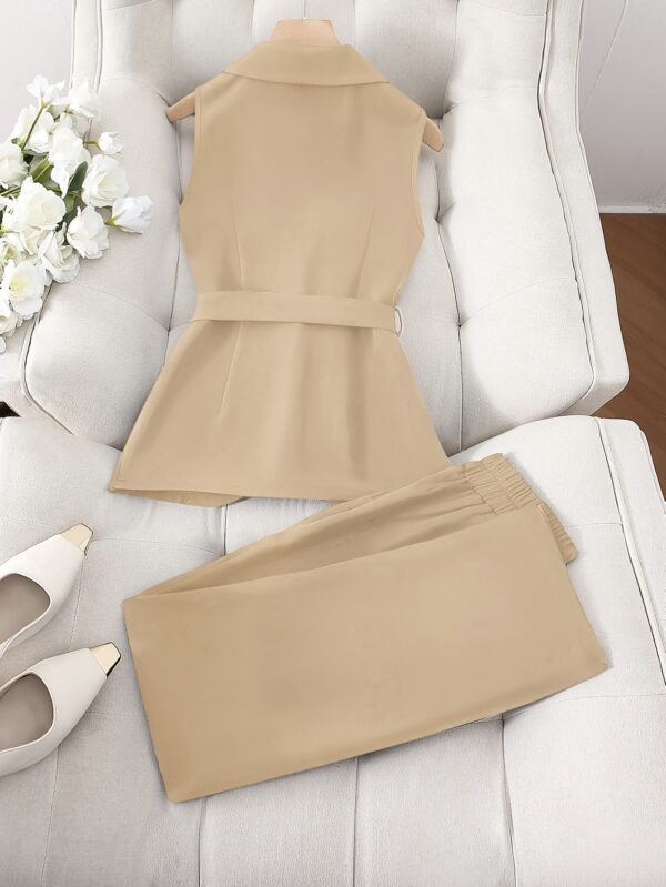 Women's Belted Suit Collar Sleeveless Top and Pants Fashion Commuter Set - Image 11