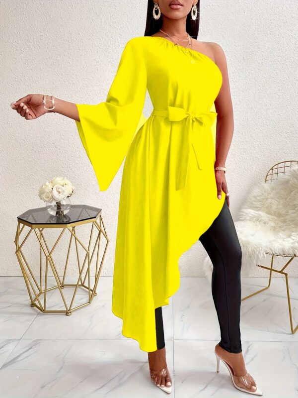 Women's Vibrant Yellow Loose One-Sleeve Blouse with Removable Belt & Asymmetrical Hem - Asymmetric One-Shoulder Design, Lightweight Non-Stretch Fabric, Machine Washable, All-Season Versatile Top, Formal Attire, Bold Color Fashion, Flowy Fabric