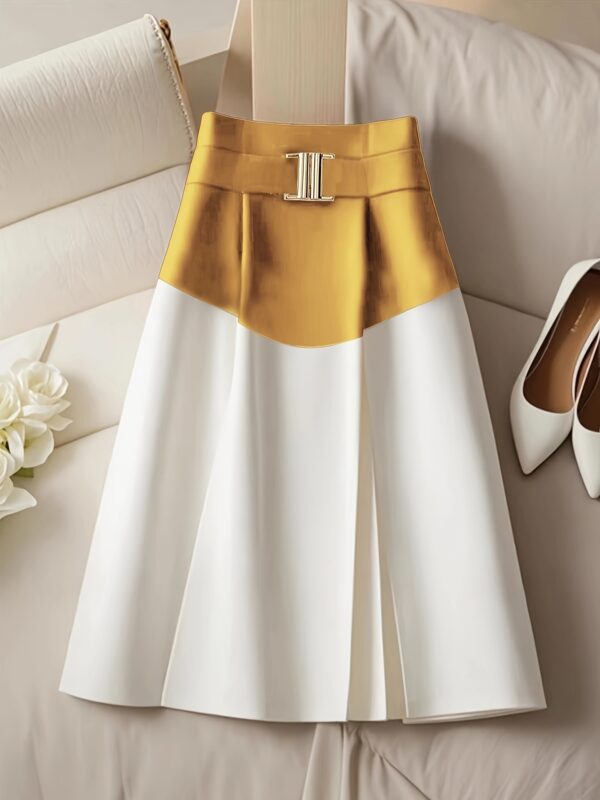Elegant Color-Block Skirt with Belt - High-Waisted, Flowing Design, Polyester Blend, Perfect for All Seasons - Chic Suit Skirt for Women, Office or Casual Wear - Image 4