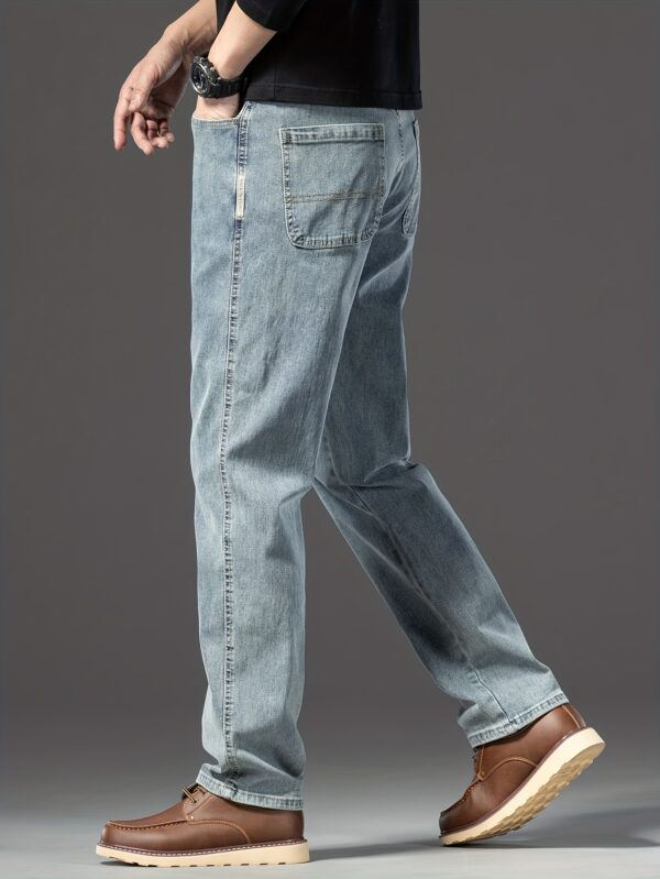 Men's Vintage Blue Loose-Fit Jeans - Classic Straight Denim with Stretch, Non-Transparent Geometric Pattern, All-Season Wear, Cotton/Elastane/Polyester Blend - Image 6