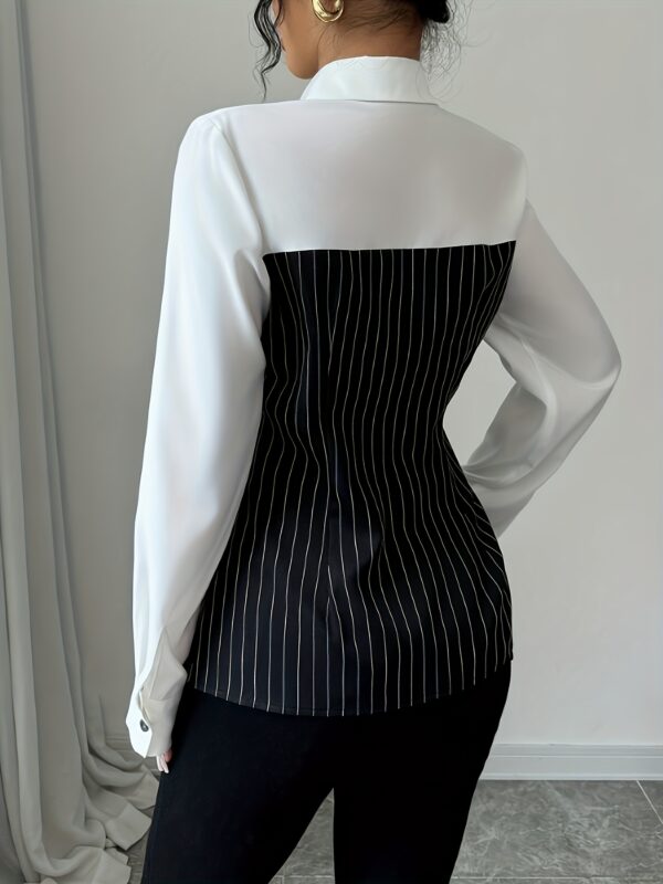 Women's Elegant 2-in-1 Striped Shirt with Classic Collar & Single-Breasted Button Front - Long Sleeve Slim Fit Blouse for Spring Summer Fall, Machine Washable Casual Office Wear, Versatile Fashion | Sophisticated Look | Nontransparent Fabric, Ladies Blouses - Image 2