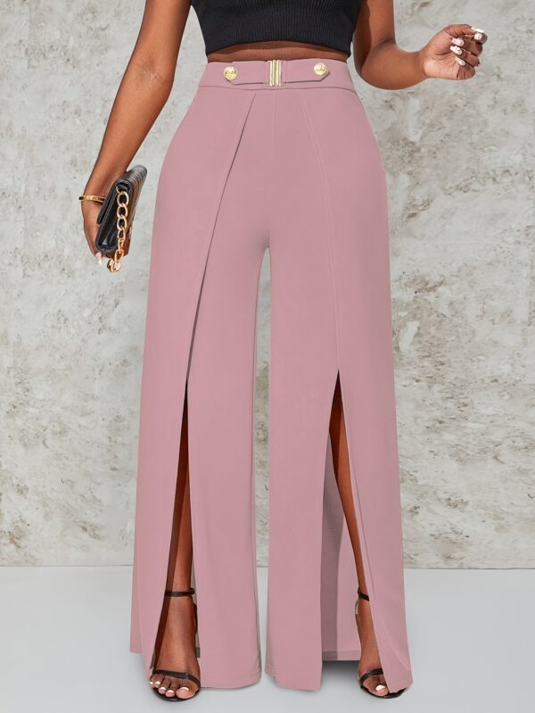 Women's High-Waist Wide Leg Pants | Elegant Black Polyester Blend | Double Side Slit with Metallic Button Detail | Loose Fit, Machine Washable | Ideal for Casual Outings | Spring/Autumn Collection, Spring Autumn Pants | Chic Slit Pants | Front Slit Pants - Image 9