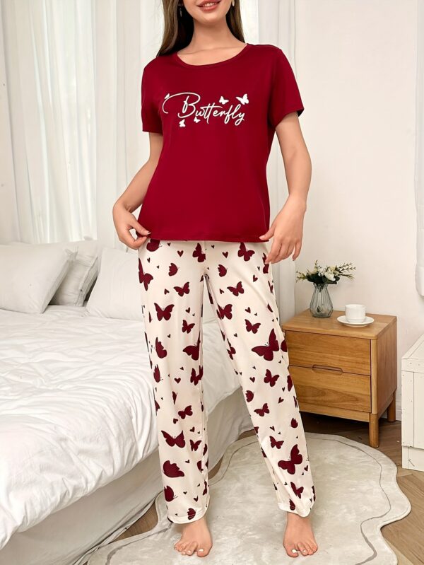 Women'S Casual Pajama Set with Red Butterfly Print and Letter Design, Long Pants, Round Neck - Comfortable and Stylish Sleepwear for All Seasons, Everyday Loungewear|Playful Pajama Set|Butterfly Print Pants - Image 7