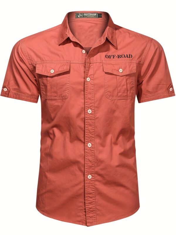 Men'S Cotton Solid Short Sleeve Shirt, Casual Lapel Collar Button Up Top with Multi Pockets, Summer Outdoor Leisure Wear