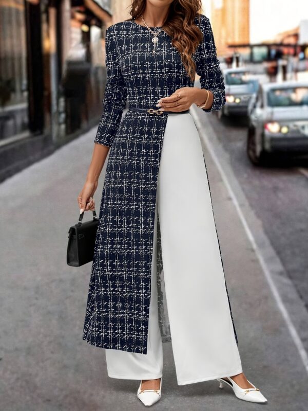 Women'S Elegant Blue and White Checkered Jumpsuit - Long Sleeve, Wide-Leg, Button-Up with Belt, Perfect for Spring/Summer/Fall, Casual to Formal Wear, Casual Attire|Checkered Pattern| Texture